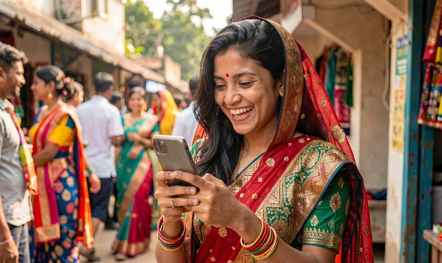 Stylish Bangladeshi woman smiling while using the 41OK mobile casino app on her smartphone in a vibrant cultural setting