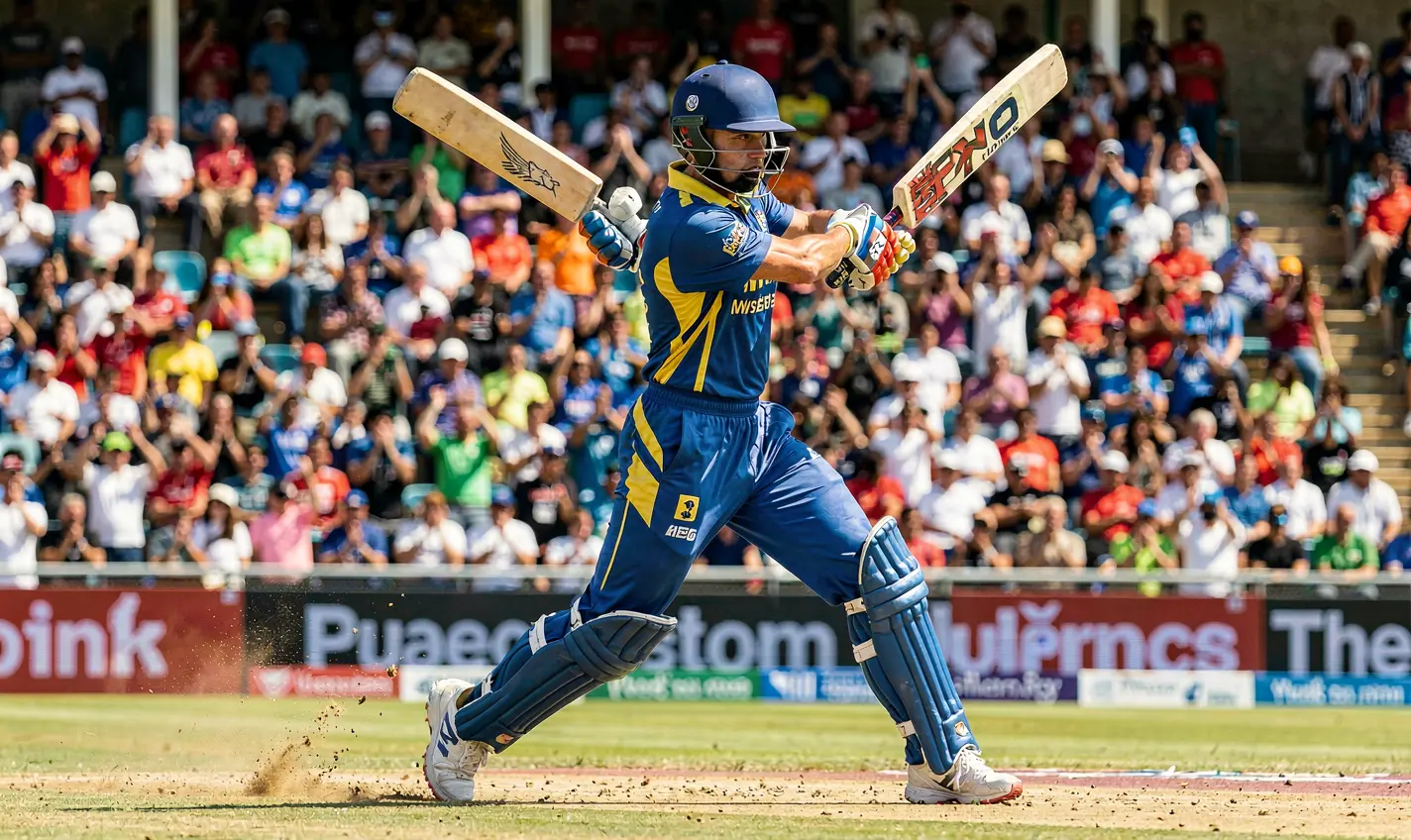 Dynamic cricket scene with a batsman playing an aggressive shot in a packed stadium highlighting the thrill of live cricket betting with 41OK in Bangladesh
