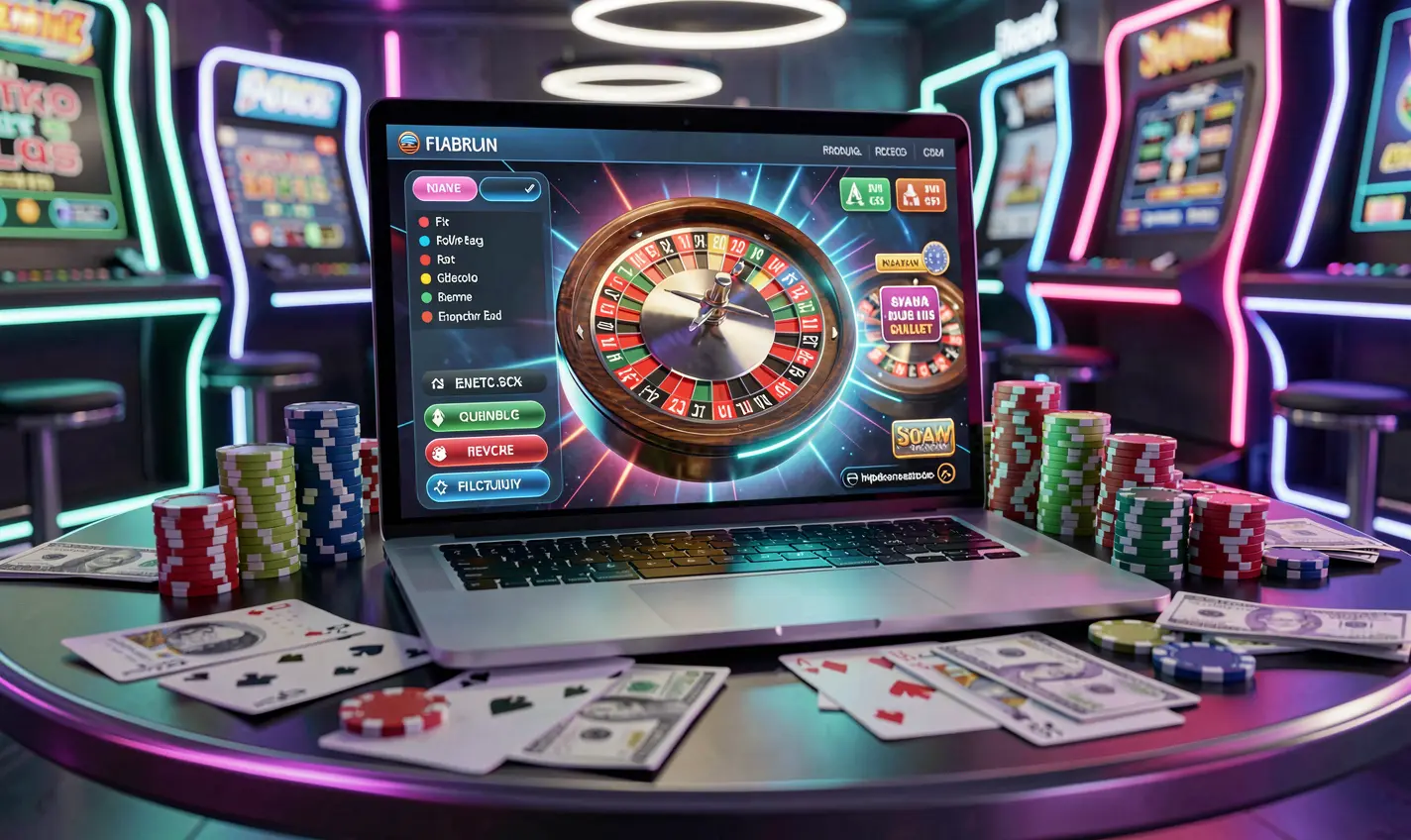Futuristic online roulette scene on a laptop with glowing casino chips and cards showcasing the immersive live casino experience at 41OK for players in Bangladesh