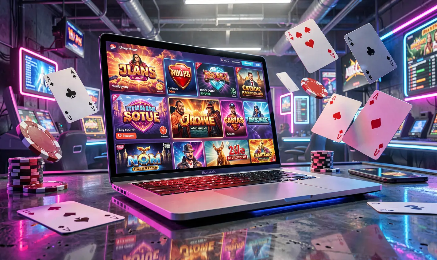 Futuristic laptop surrounded by glowing casino chips and flying cards showcasing the immersive online gaming experience of 41OK for players in Bangladesh