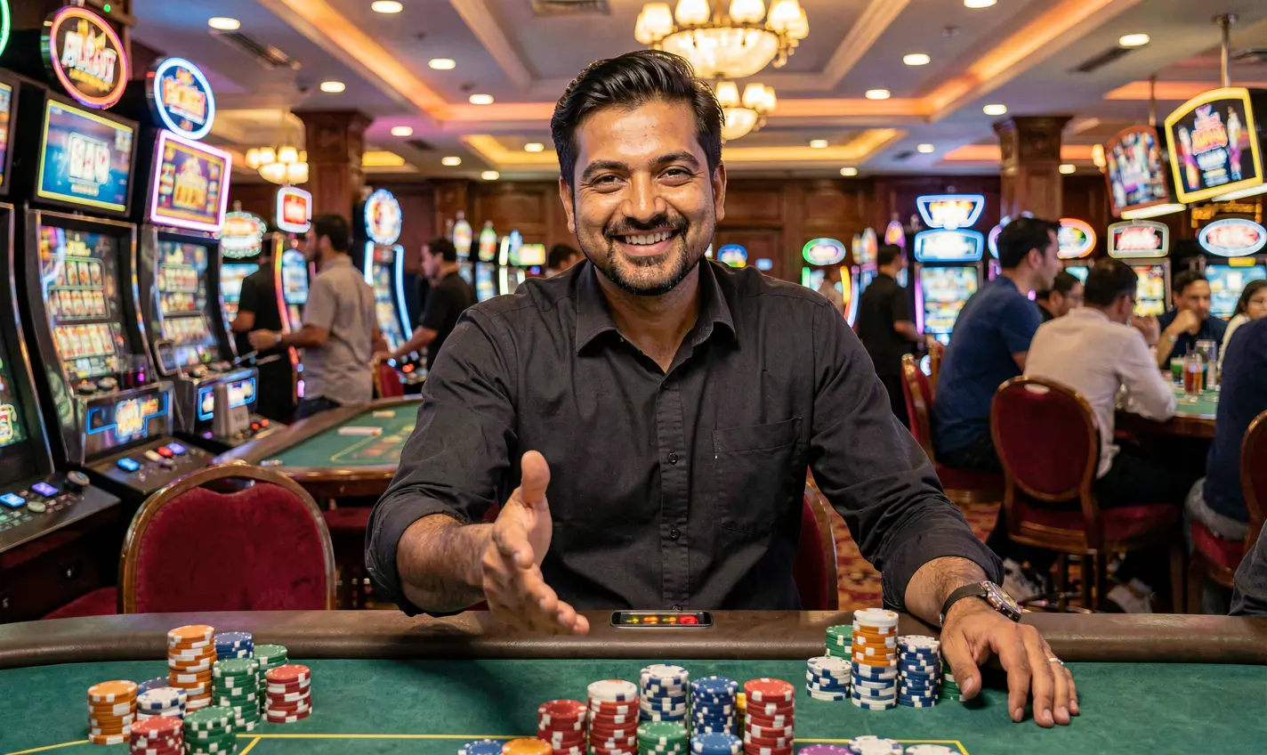 Confident Bangladeshi casino dealer reaching forward with flying poker chips symbolizing trusted access and exciting wins at 41OK