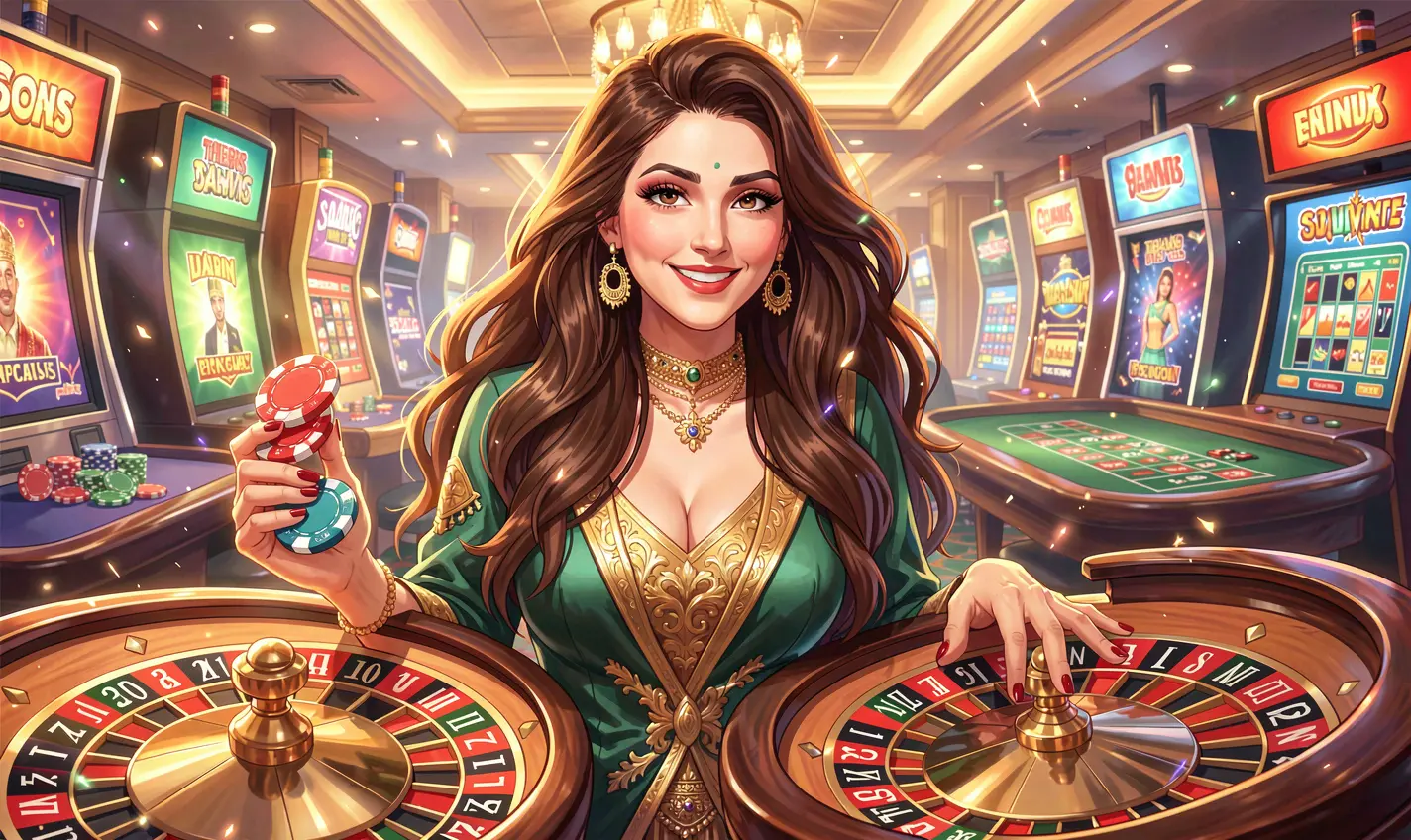 Confident casino woman with poker chips in hand and a glowing roulette wheel behind her highlighting thrilling live casino action at 41OK in Bangladesh