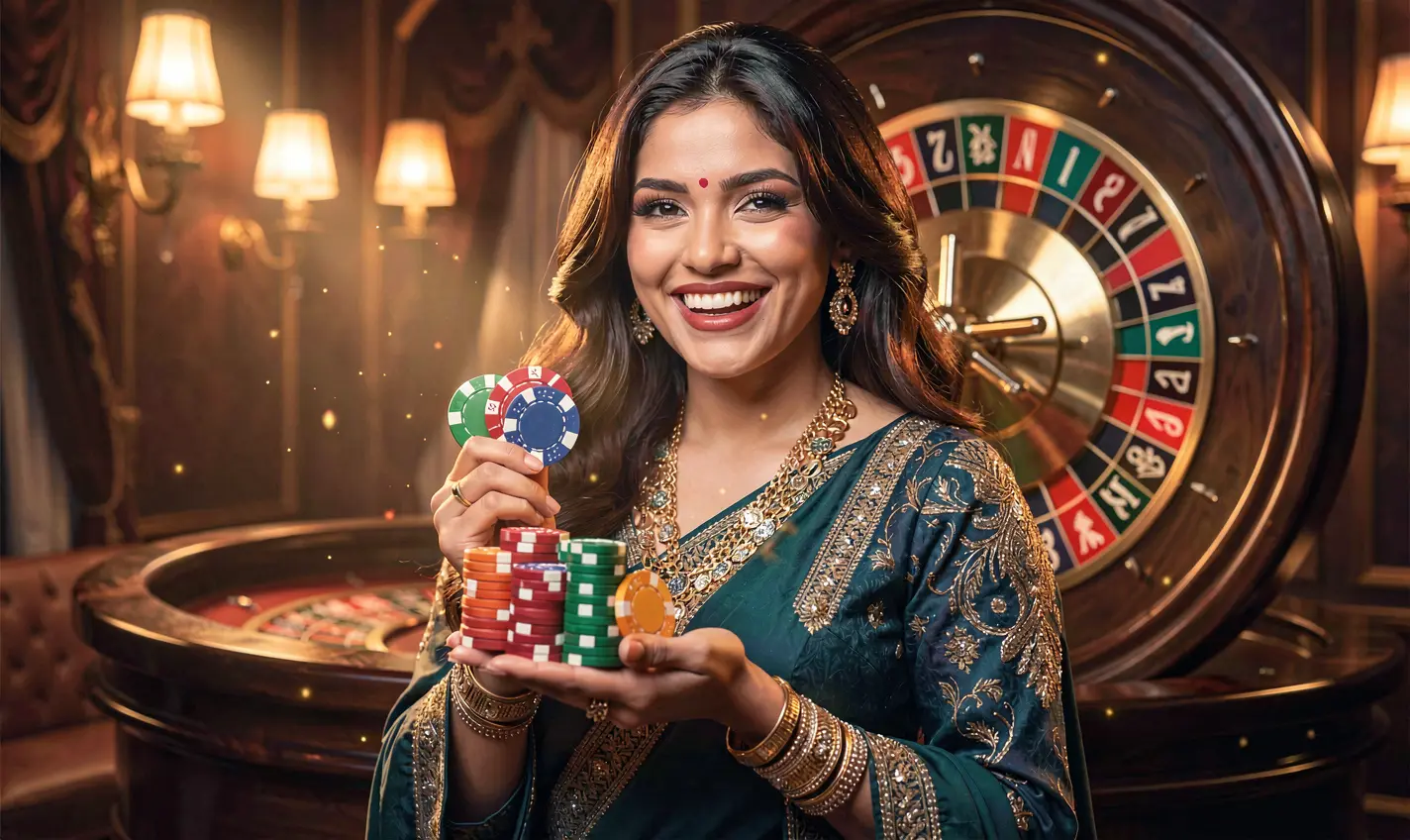 Elegant casino scene with a smiling woman holding chips in front of a roulette wheel showcasing the immersive gaming atmosphere at 41OK Casino in Bangladesh