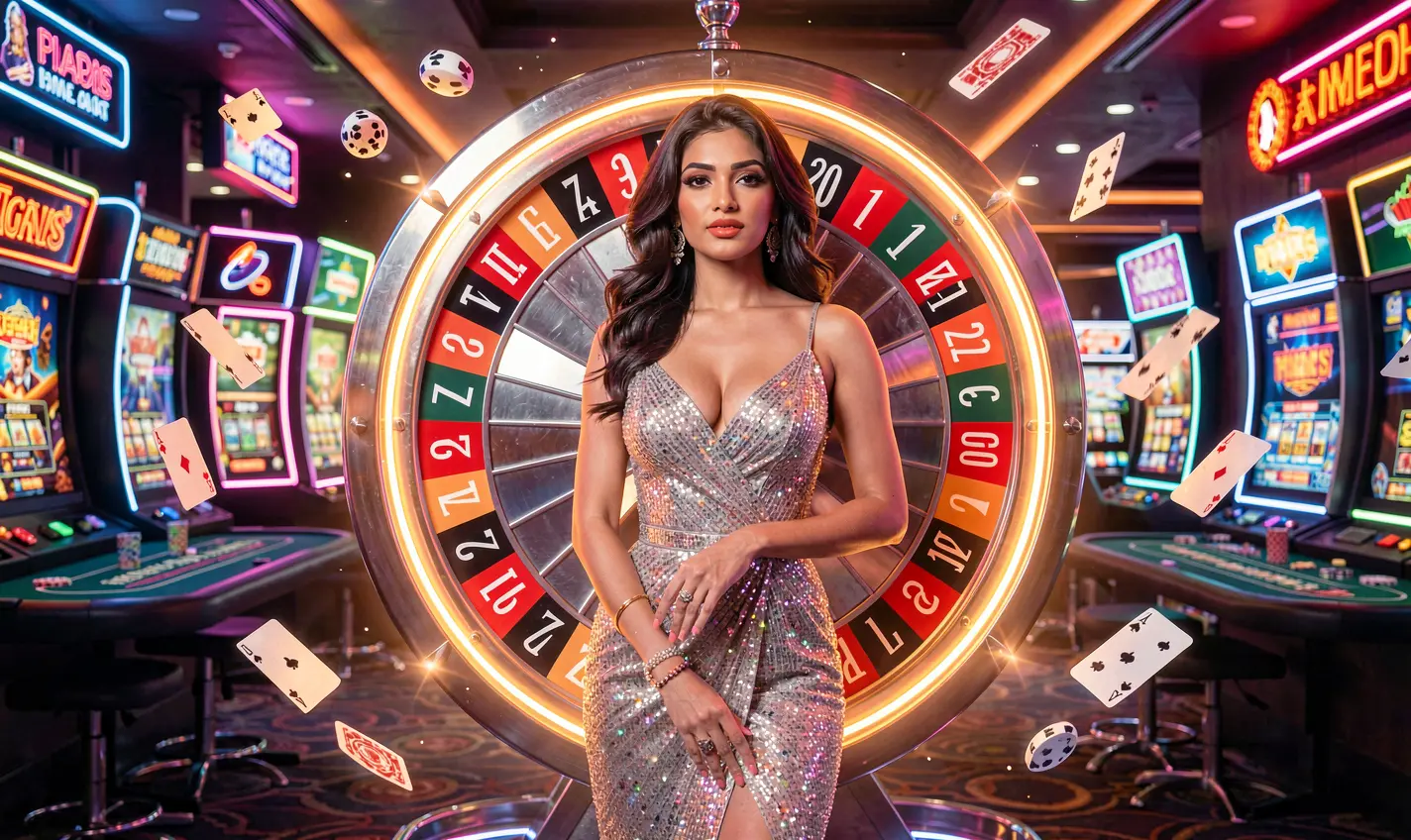Elegant casino model in a sparkling dress in front of a glowing roulette wheel with flying chips representing high energy casino gaming at 41OK for players in Bangladesh