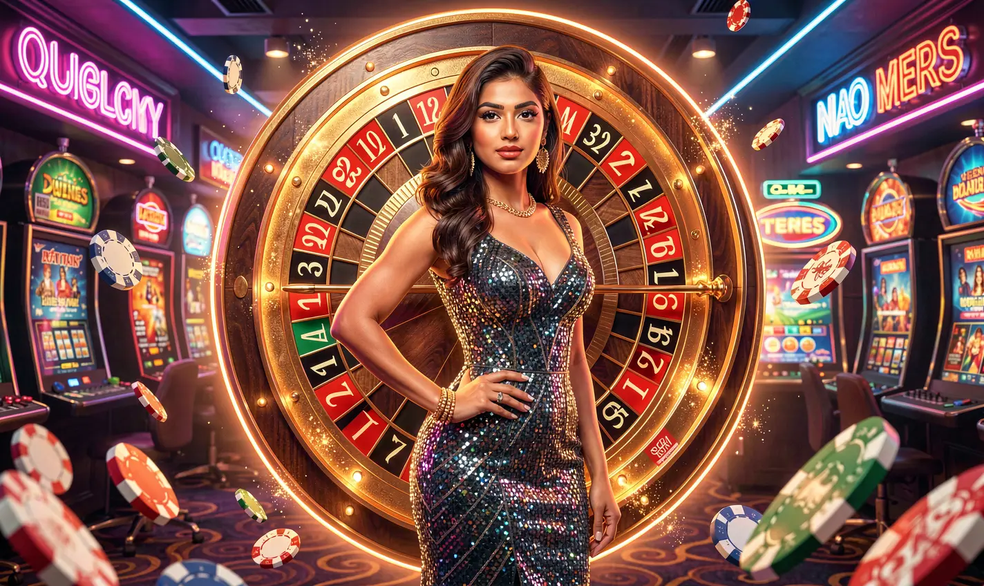 Confident casino hostess in a sparkling evening dress with a glowing roulette wheel and flying chips creating an immersive gaming mood at 41OK online casino