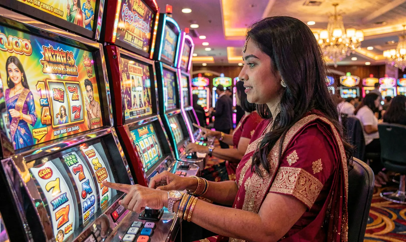 Focused Bangladeshi woman playing modern slot machines in a vibrant casino atmosphere at 41OK with colorful lights and immersive gameplay